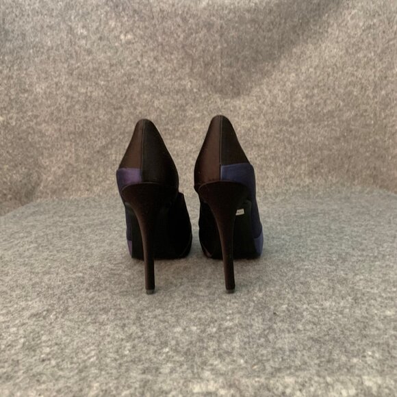 Bruno Frisoni Paris Women’s Blue and Black Satin Heel Leather Sole Pump Shoes - Picture 9 of 11